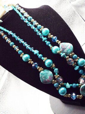 SHADES OF TURQUOISE PERL, CRYSTAL, STONE 2 STRAND NECKLACE & EARRING SET K